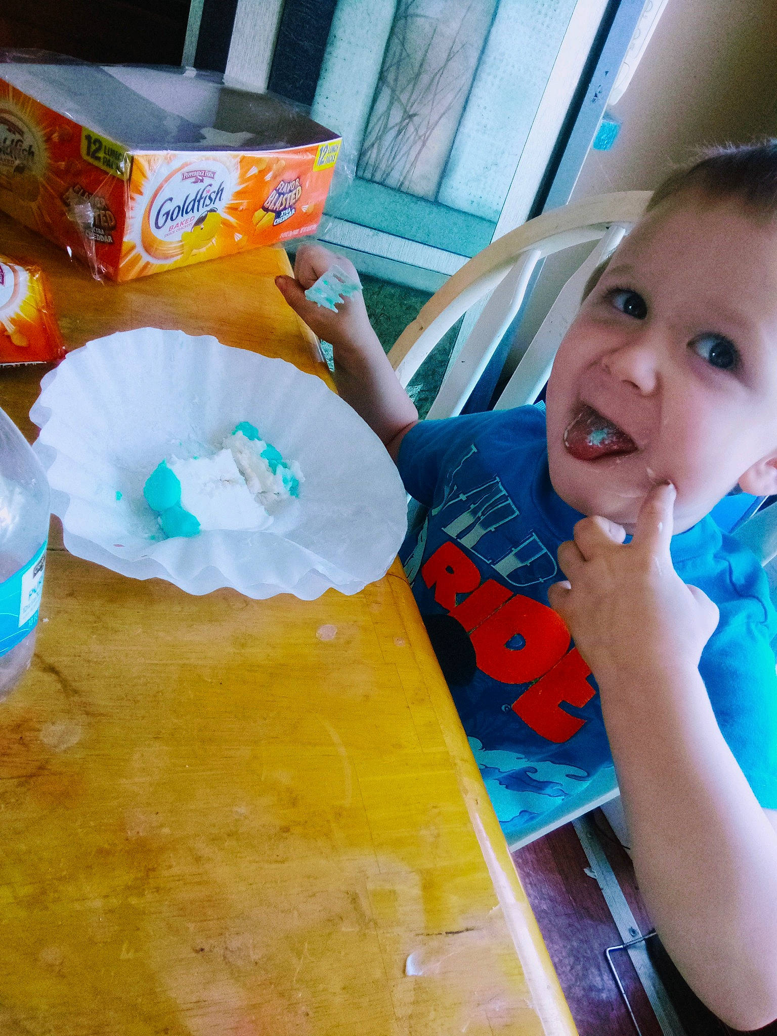 Matthew Jr is registered to the contest to win money with this photo: art, baby_toddler_clothing, child, electric_blue, finger, food, fun, happy, ice_cream, leisure, orange, paint, person, plastic, plastic_bag, room, shirt, sweetness, t_shirt, toddler