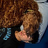 dog, person, bed, pillow, fur, curly_hair, black_shirt, collar, face, lying_down, indoor, snuggling, closeup, cute, pet, relaxed, affection, human, cozy, sleepwear