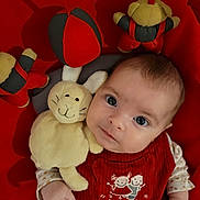 Violette participe au concours pour gagner de l'argent avec cette photo : baby, infant, plush_toy, bunny, red_clothing, red_seat, hanging_toys, stuffed_animal, cute, child, portrait, indoor, hand, smiling_toy, baby_girl, baby_boy, soft_toy, closeup, looking_up, young_child