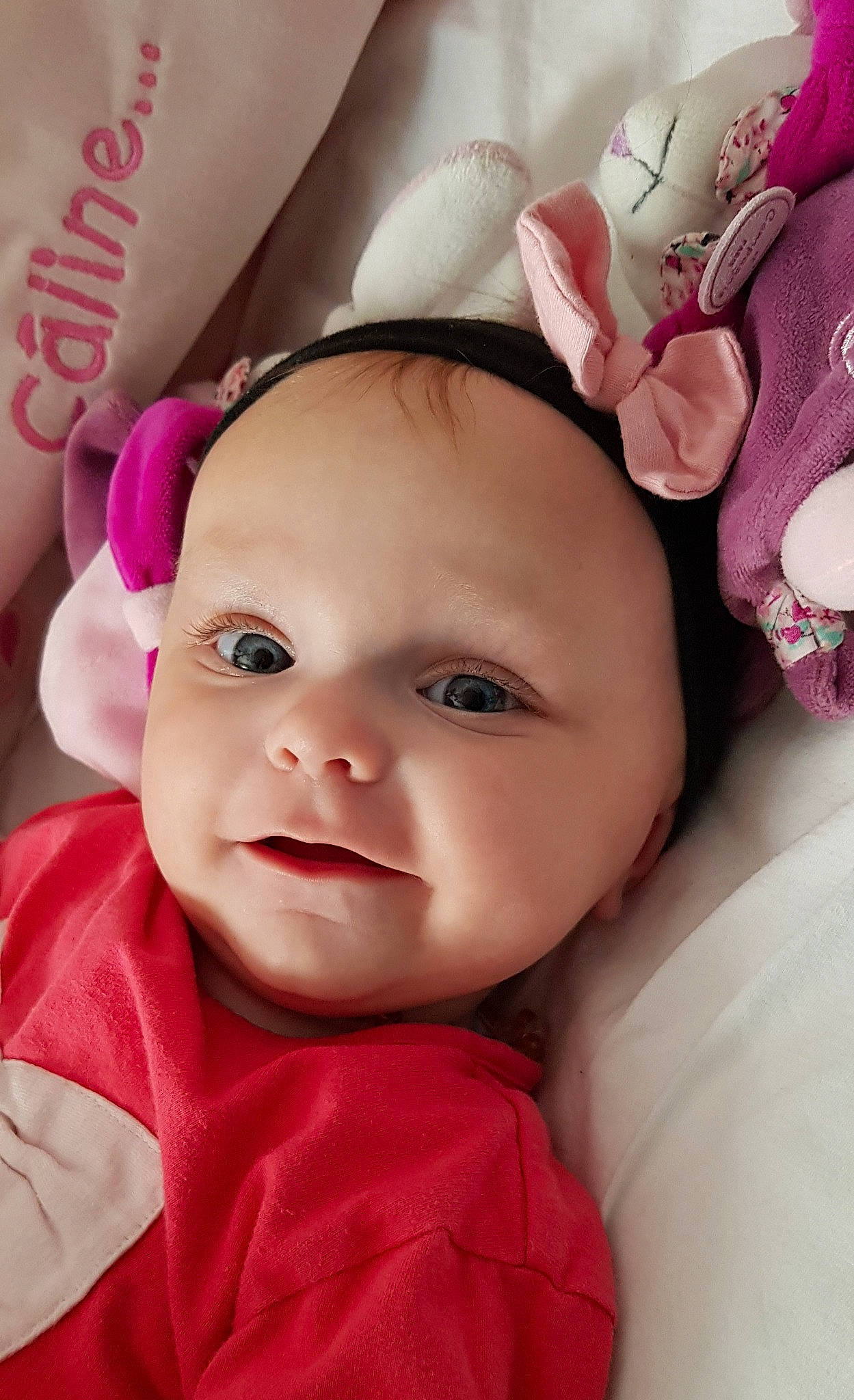 Emma a rejoint le concours — aidez-le/la à gagner de superbes lots ! baby, beauty, cheek, child, close_up, eye, face, hair_accessory, head, headgear, lip, mouth, nose, person, photography, pink, plant, portrait_photography, skin, textile