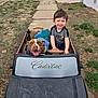Romeo is registered to the contest to win money with this photo: child, toddler, dog, toy_car, cadillac, sidewalk, grass, outdoor, smiling, pet, vehicle, play, fun, happy, casual_clothing, brown_dog, young_child, nature, recreation, daytime