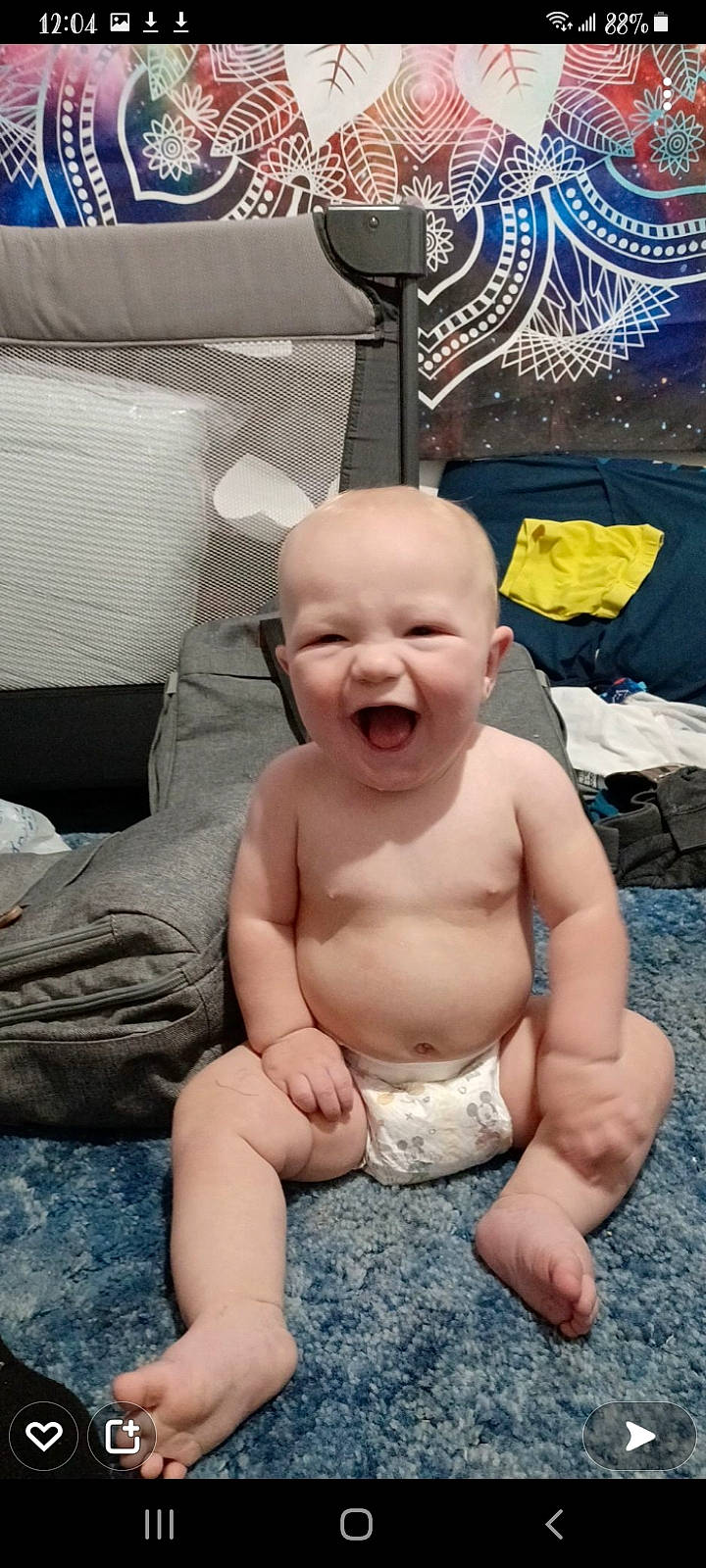 Kelson is registered to the contest to win money with this photo: abdomen, baby, baby_laughing, barechested, barefoot, chest, child, comfort, event, face, foot, fun, happy, human_body, leisure, mouth, people, person, smile, toddler