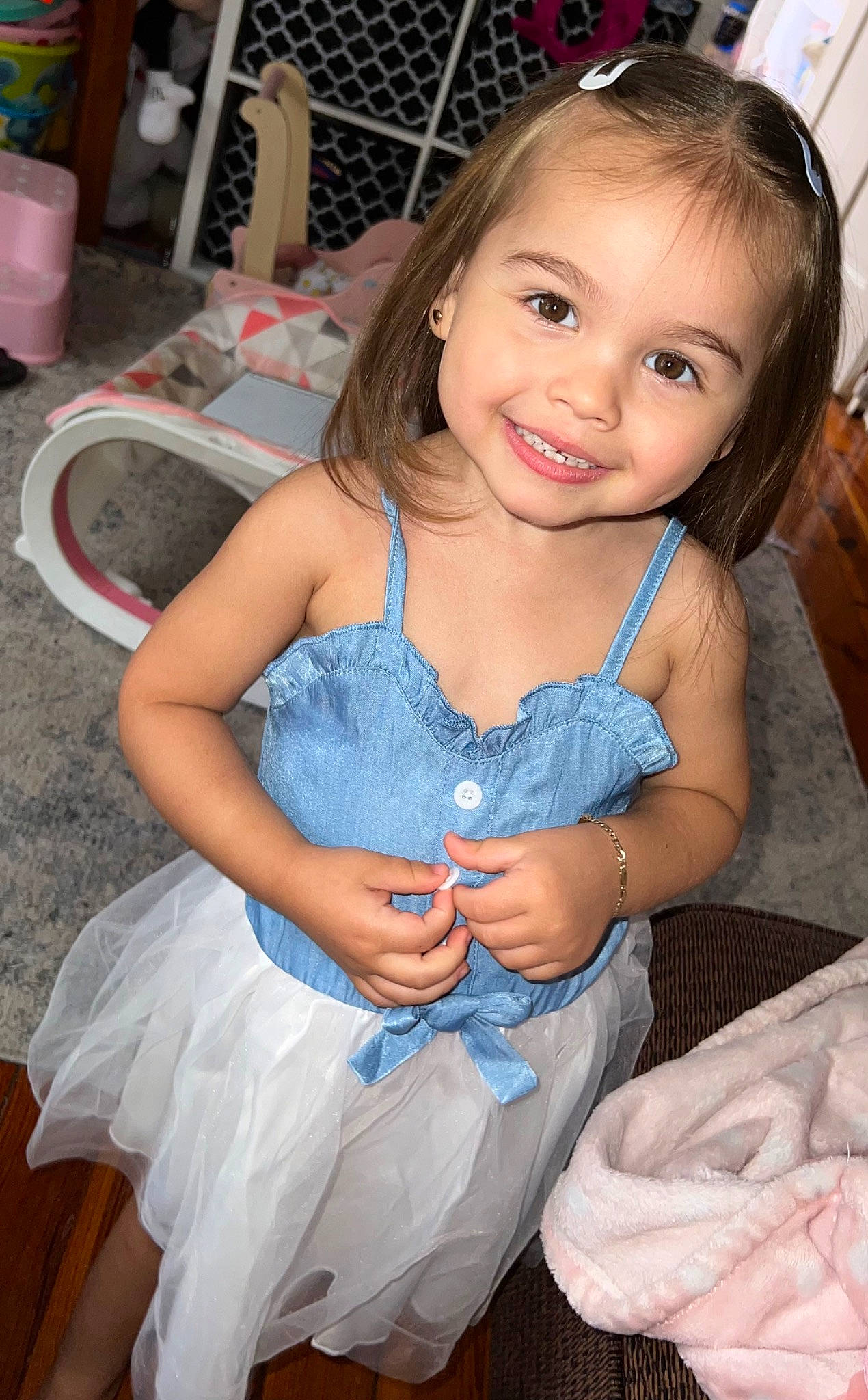 Journee joined the competition — help win amazing prizes! baby_toddler_clothing, chair, child, dress, event, eye, face, flash_photography, flowerpot, fun, hairstyle, happy, head, human_leg, iris, joy, person, pink, skin, smile