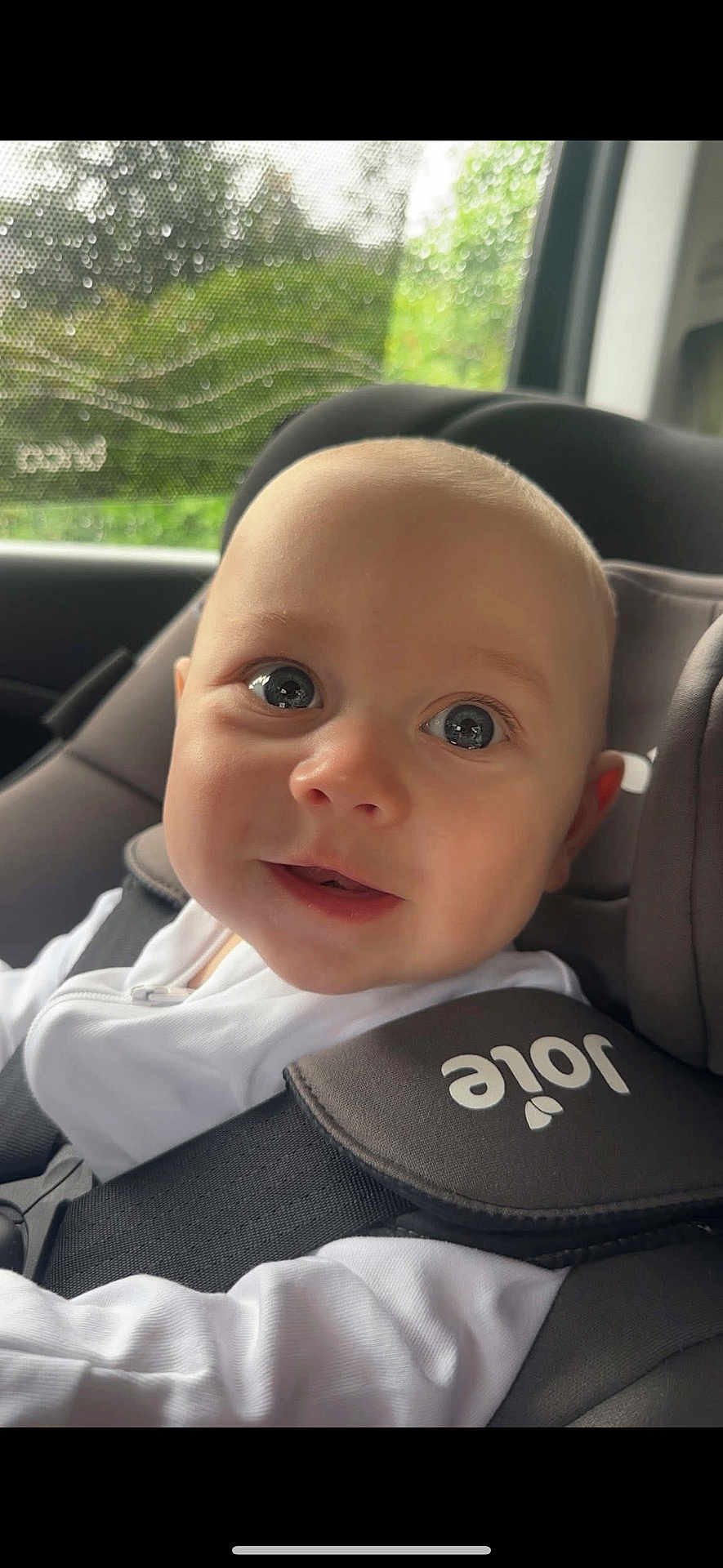 Cruz joined the competition — help win amazing prizes! baby, child, car_seat, seatbelt, white_clothing, smile, face, head, eyes, infant, indoors, window, rain, car, safety, straps, cute, portrait, closeup, young