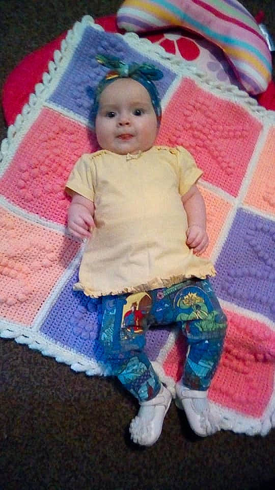 Autumn-lily joined the competition — help win amazing prizes! art, baby, baby_toddler_clothing, blanket, cheek, child, knitting, linens, nap_mat, pattern, person, pink, play, quilt, smile, textile, toddler