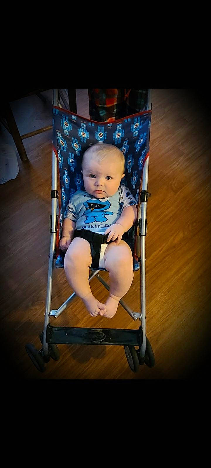 Konner is registered to the contest to win money with this photo: baby, baby_carriage, baby_products, baby_toddler_clothing, chair, child, comfort, electric_blue, eye, flash_photography, folding_chair, human_leg, knee, leg, person, product, shorts, sitting, thigh, toddler