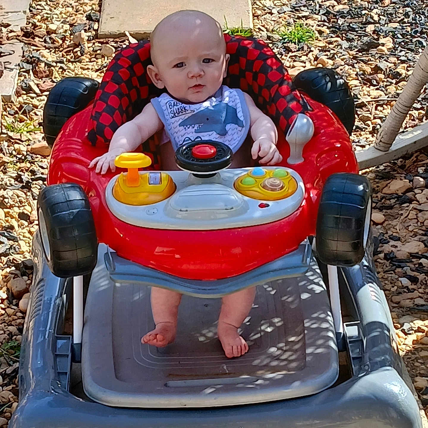 Jay joined the competition — help win amazing prizes! baby, baby_walker, bib, child, clothing, cute, expression, face, foot, gray, outdoor, person, play, red, rocks, seat, stepping_stones, summer, sunlight, toys