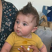 Enzo participe au concours pour gagner de l'argent avec cette photo : baby, child, person, face, hair, mohawk, yellow_shirt, stain, hand, adult, floral_clothing, indoor, storage, box, curious, portrait, skin, eyes, expression, holding