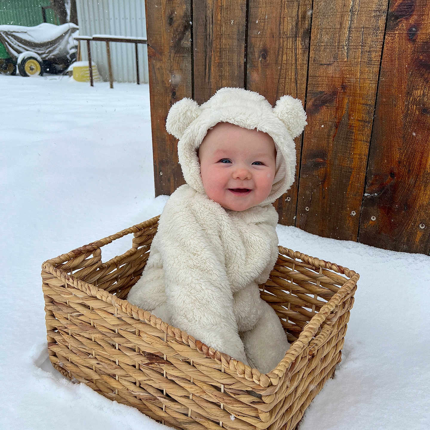 Madelyn joined the competition — help win amazing prizes! baby, basket, blanket, bonnet, cap, clothing, face, fun, hardwood, hat, head, hood, machine, newborn, person, photography, portrait, sitting, wheel, wood