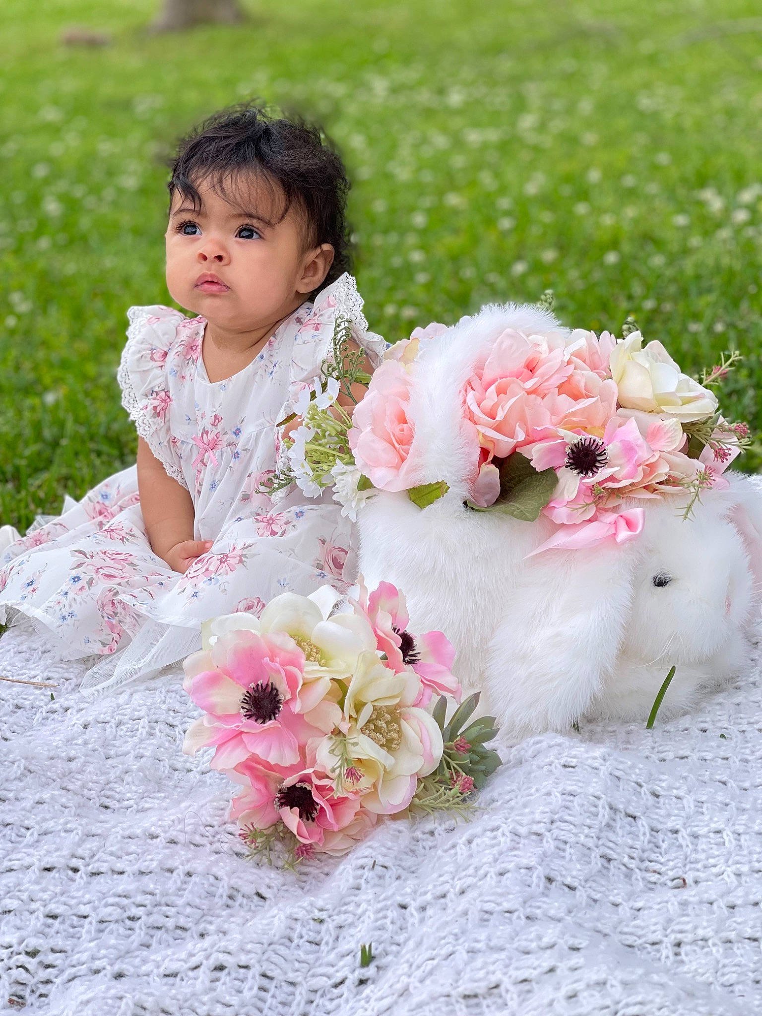 Gia joined the competition — help win amazing prizes! baby, baby_toddler_clothing, botany, bridal_clothing, dress, embellishment, face, flower, flower_arranging, gown, grass, hair, happy, head, human_body, person, petal, pink, plant, toddler