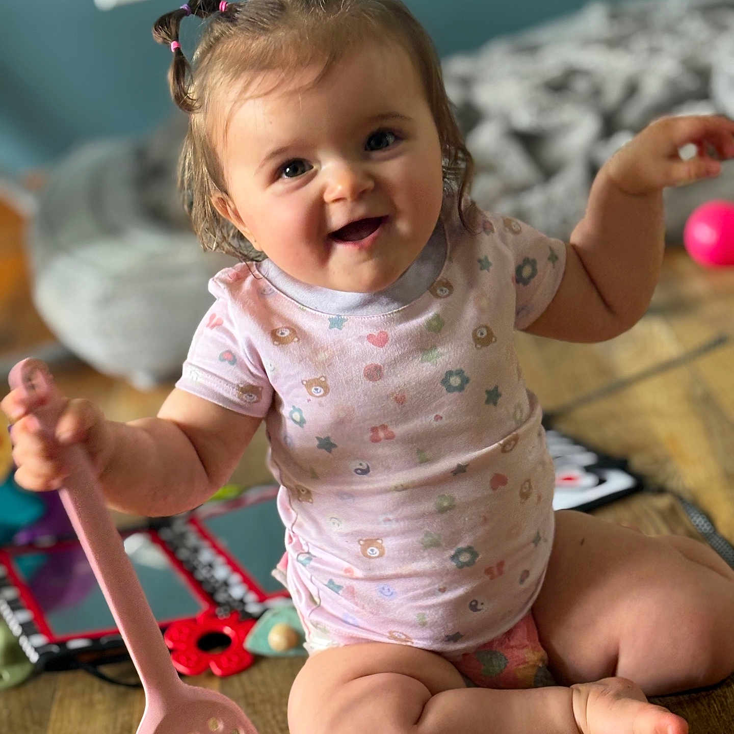 Oaklynn Jane joined the competition — help win amazing prizes! baby, babylaughing, bodypart, clothing, cutlery, face, finger, furniture, hand, happy, head, kitchenutensil, person, photography, portrait, sitting, smile, spatula, spoon, t_shirt