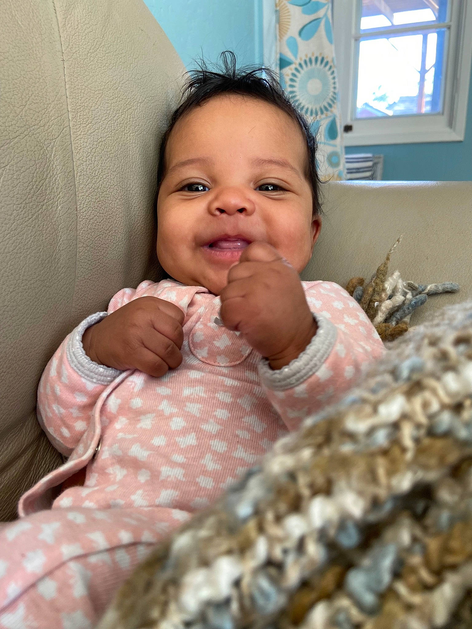 Olivia joined the competition — help win amazing prizes! baby, baby_toddler_clothing, cheek, child, comfort, dress, eye, face, gesture, happy, head, iris, joy, nose, person, skin, sleeve, smile, textile, thumb