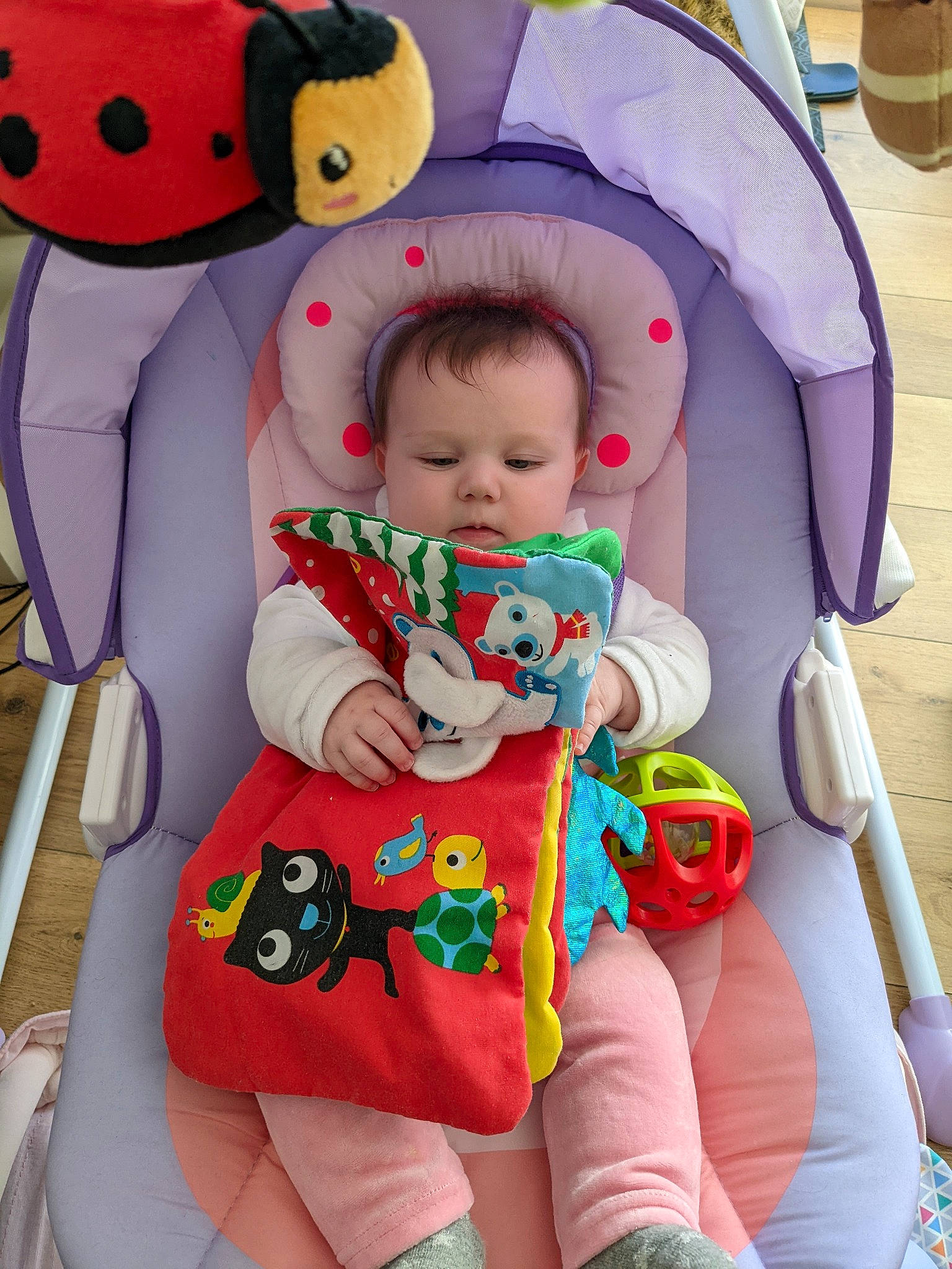 Alix participe au concours pour gagner de l'argent avec cette photo : baby, baby_carriage, baby_products, baby_toddler_clothing, chair, child, comfort, fun, lap, mammal, organ, people, person, product, red, skin, sleeve, textile, toddler, white