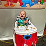 baby, high_chair, pancake, juice, sippy_cup, smiling, happy, messy, cookie_monster, sesame_street, banner, elmo, big_bird, bert, ernie, floor, wall, streamers, indoor, child