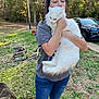 animal, autumn, casual, cat, daylight, firewood, fur, grass, holding, jeans, love, nature, outdoor, person, pet, suv, trees, tshirt, vehicle, white_cat