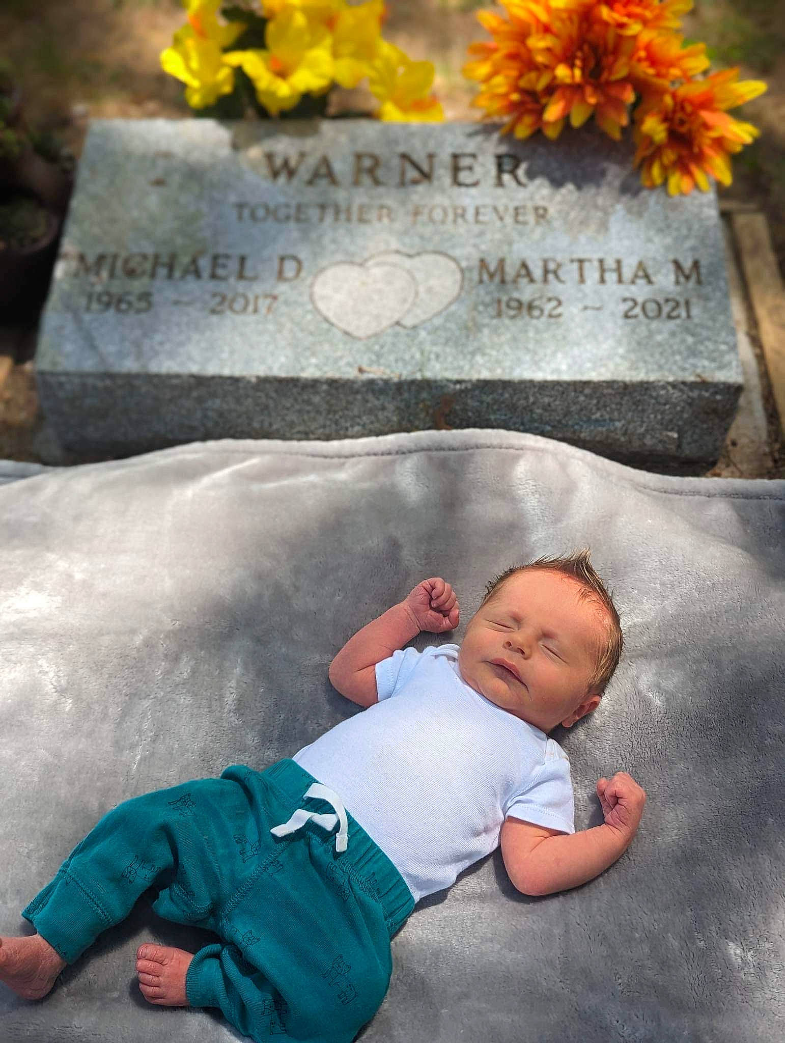 Finn is registered to the contest to win money with this photo: adaptation, baby, baby_toddler_clothing, cemetery, child, flower, font, grass, grave, happy, headstone, leaf, leisure, morning, person, petal, photo_caption, sitting, t_shirt, toddler