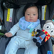 Matthew is registered to the contest to win money with this photo: baby, car_seat, plush_toy, bib, onesie, child, infant, toy, face, clothing, indoor, seat, warning_label, smiling, cute, young_child, comfort, person, portrait, holding