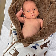 Tucker is registered to the contest to win money with this photo: baby, blanket, cozy, infant, wrapped, deer_pattern, relaxed, skin, arm, head, sleeping_area, soft_texture, cute, newborn, lying_down, portrait, expression, indoors, comfort, resting