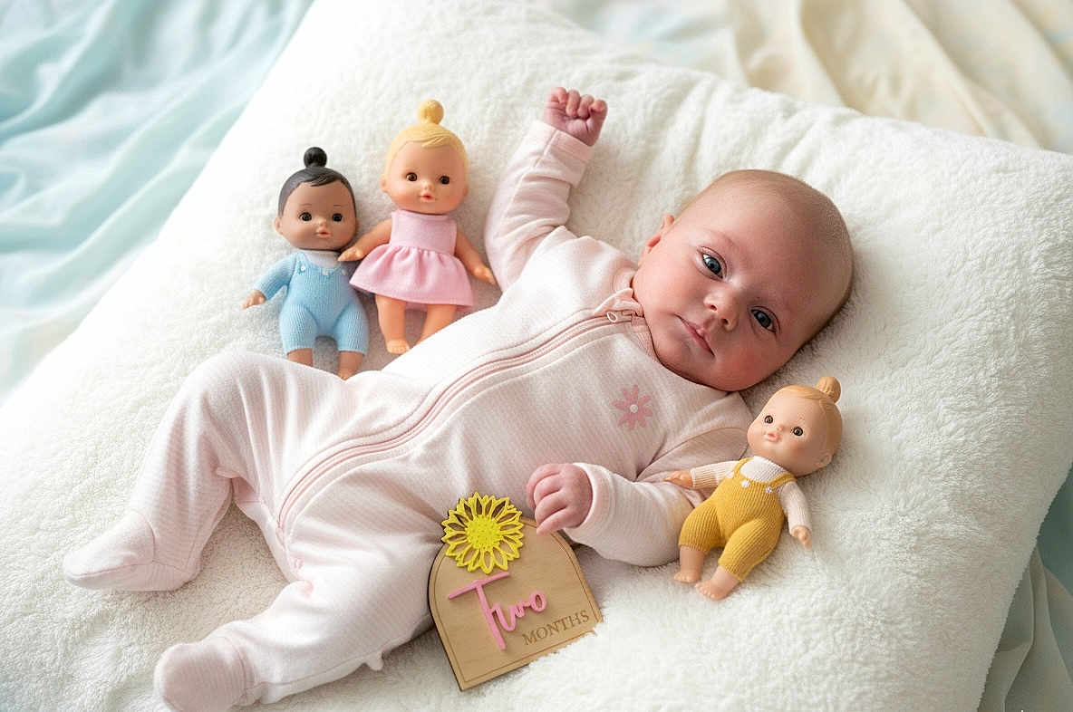 Maeve joined the competition — help win amazing prizes! baby, doll, soft_texture, onesie, milestone, wooden_sign, flower, pink, yellow, blue, pastel_colors, infant, lying_down, cute, toy, child, portrait, smiling, indoor, blanket
