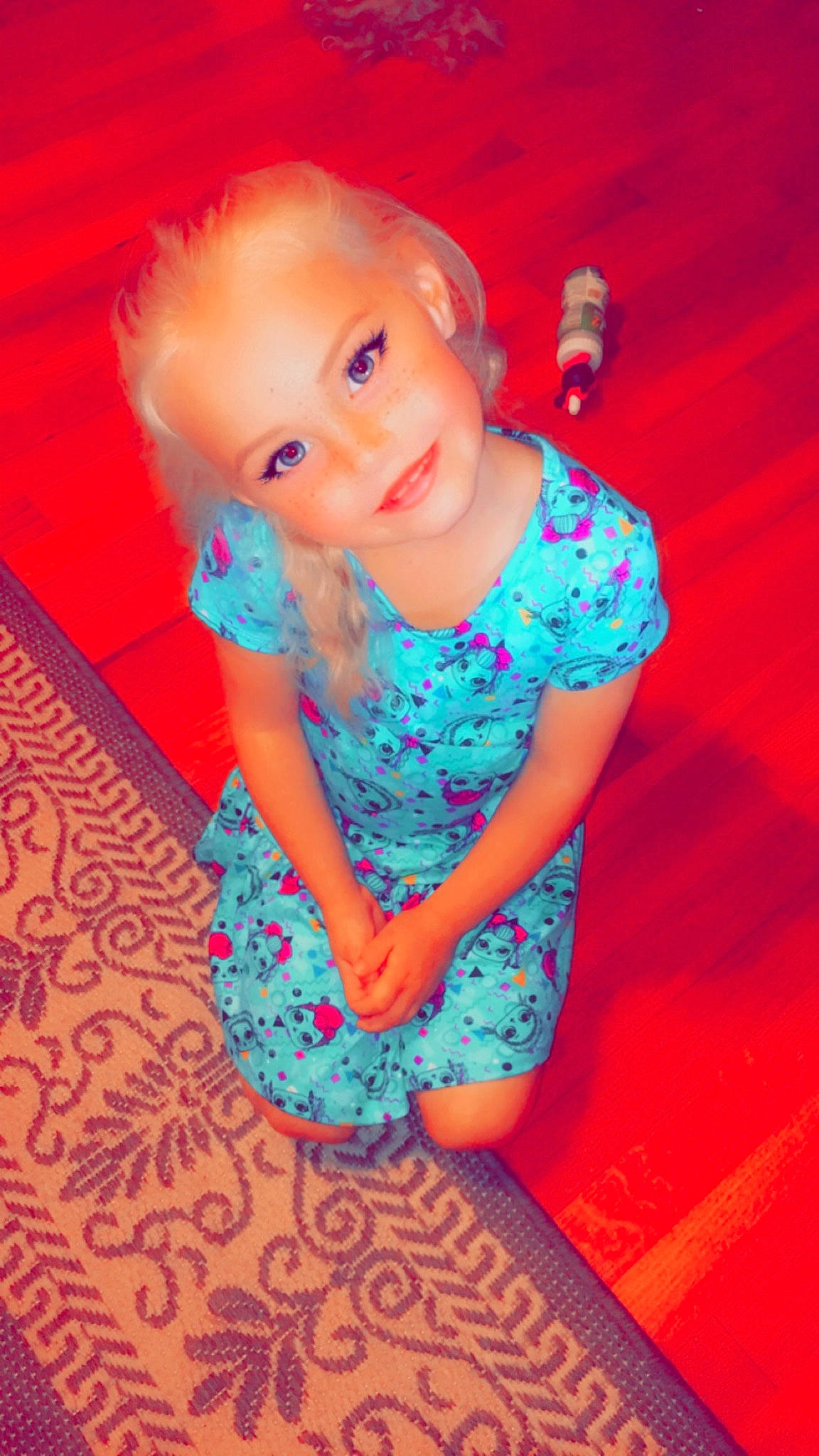 Nevaeh is registered to the contest to win money with this photo: arm, baby_toddler_clothing, child, dress, electric_blue, face, flash_photography, floor, flooring, fun, happy, human_body, joy, magenta, one_piece_garment, person, pink, purple, shoulder, skin