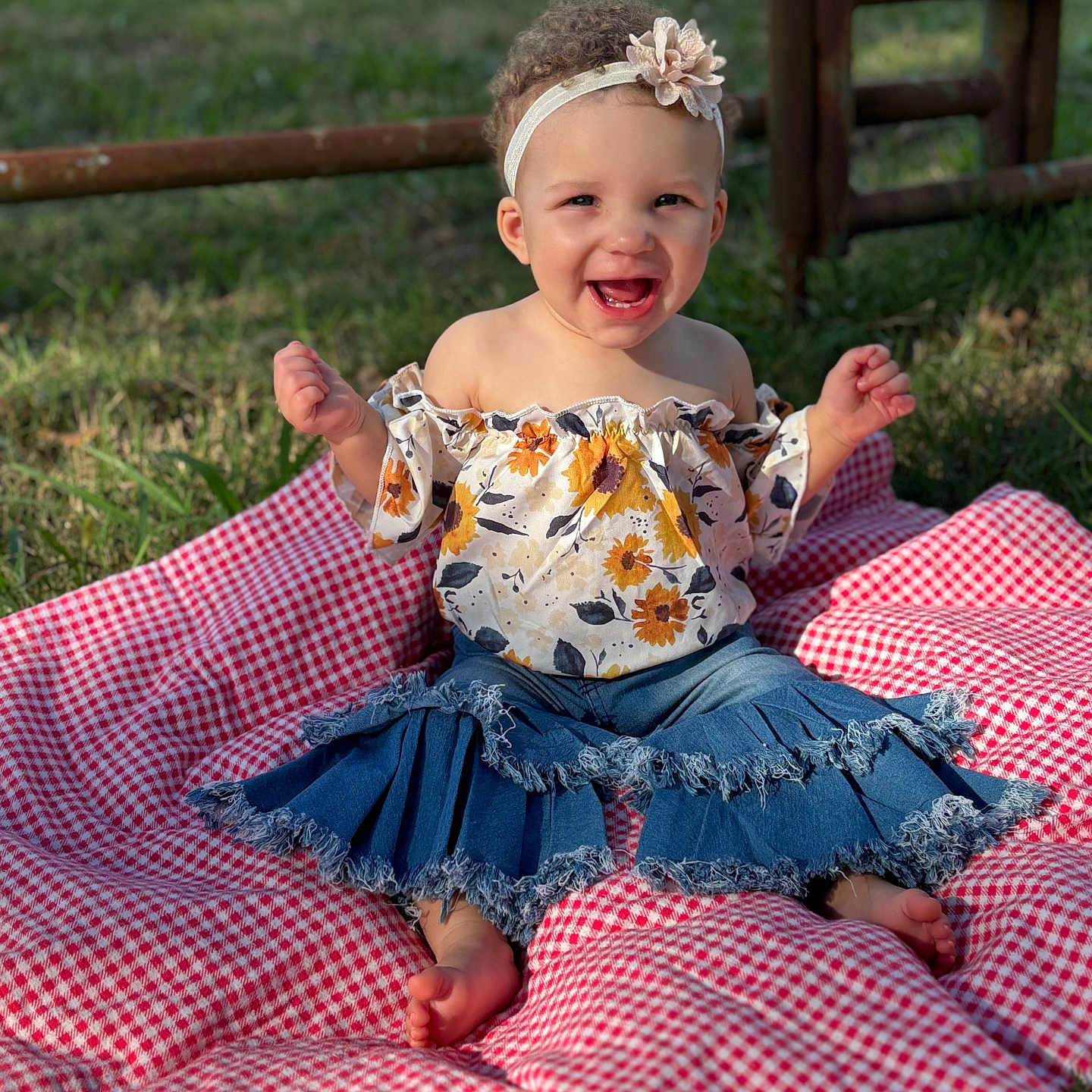 Tylah Rose is registered to the contest to win money with this photo: baby, backyard, clothing, dress, face, grass, happy, head, jeans, nature, outdoors, pants, park, person, photography, plant, portrait, quilt, sitting, yard