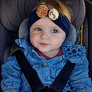Maena participe au concours pour gagner de l'argent avec cette photo : baby, child, car_seat, headband, pom_poms, denim_shirt, seatbelt, blue_eyes, infant, cute, smile, clothing, sitting, car_interior, young_child, portrait, safety_harness, casual, happy, indoors