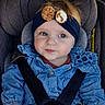 baby, child, car_seat, headband, pom_poms, denim_shirt, seatbelt, blue_eyes, infant, cute, smile, clothing, sitting, car_interior, young_child, portrait, safety_harness, casual, happy, indoors