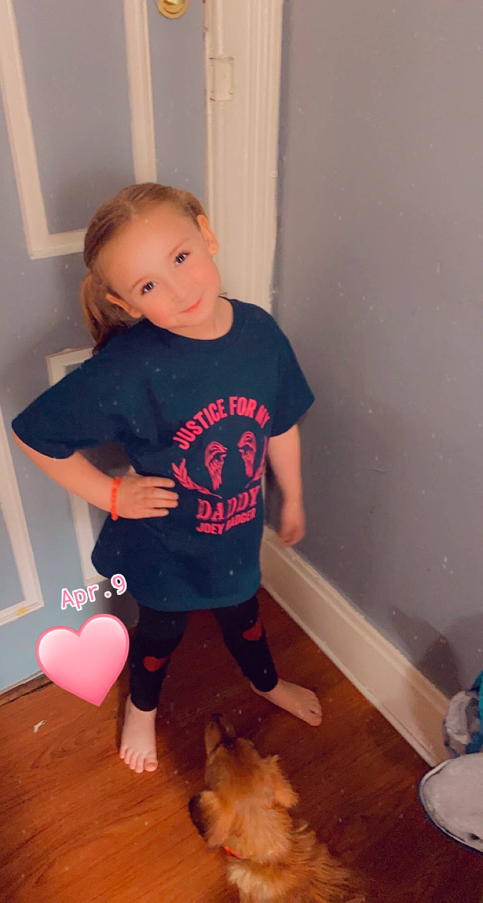 Alexis joined the competition — help win amazing prizes! baby_toddler_clothing, finger, floor, flooring, fun, hair, human_leg, joint, joy, knee, leg, mammal, mouth, neck, person, pink, shoulder, sleeve, standing, t_shirt