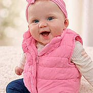 Saylor joined the competition — help win amazing prizes! baby, blue_eyes, casual_wear, child, clothing, cozy, cute, hands, happy, headband, headwear, indoor, infant, pink_vest, portrait, puffy_jacket, sitting, smiling, soft_background, warm_clothes