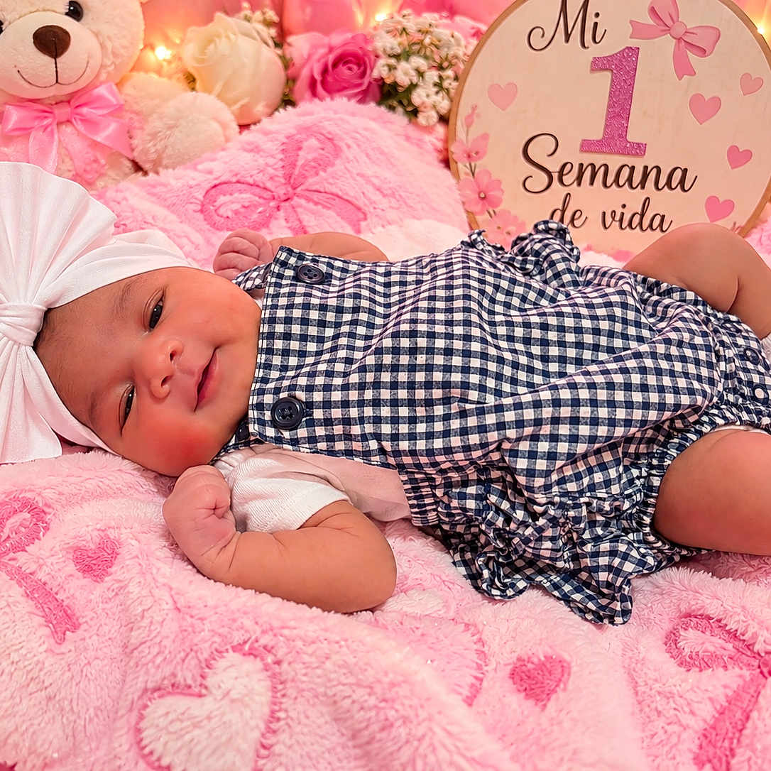 Ariannys joined the competition — help win amazing prizes! newborn, baby, infant, portrait, lying_down, pink_blanket, headband, bow, checkered_outfit, teddy_bear, flowers, roses, milestone, one_week, nursery, soft_blanket, pastel_colors, smiling, indoors, baby_photography