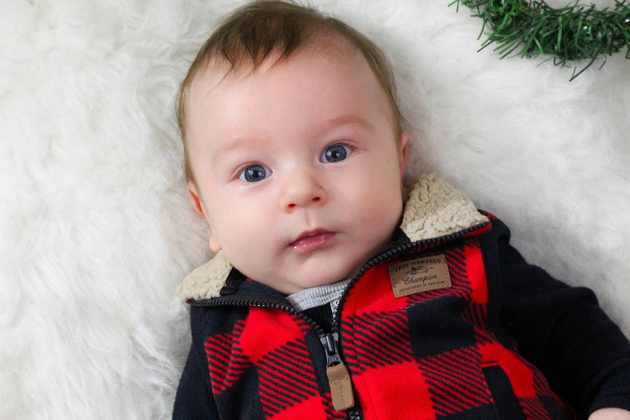 Asher is registered to the contest to win money with this photo: baby, baby_toddler_clothing, cheek, child, child_model, collar, costume_accessory, eyebrow, eyelash, fur, iris, lip, nose, pattern, person, plaid, portrait_photography, snow, textile, toddler