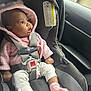 baby, car_seat, pink_hoodie, safety_harness, child, infant, car_interior, window, curious, seatbelt, clothing, person, sitting, sock, blanket, indoors, seat, headwear, fuzzy, young_child