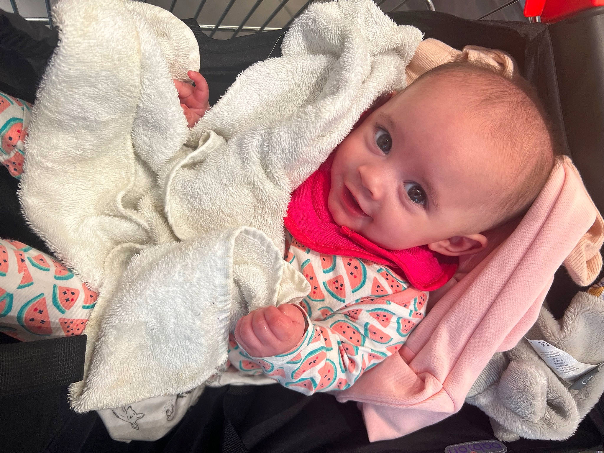 Lucia is registered to the contest to win money with this photo: baby, baby_carriage, baby_products, baby_toddler_clothing, carmine, cheek, child, comfort, eye, happy, head, headgear, linens, lip, person, product, sitting, skin, smile, toddler