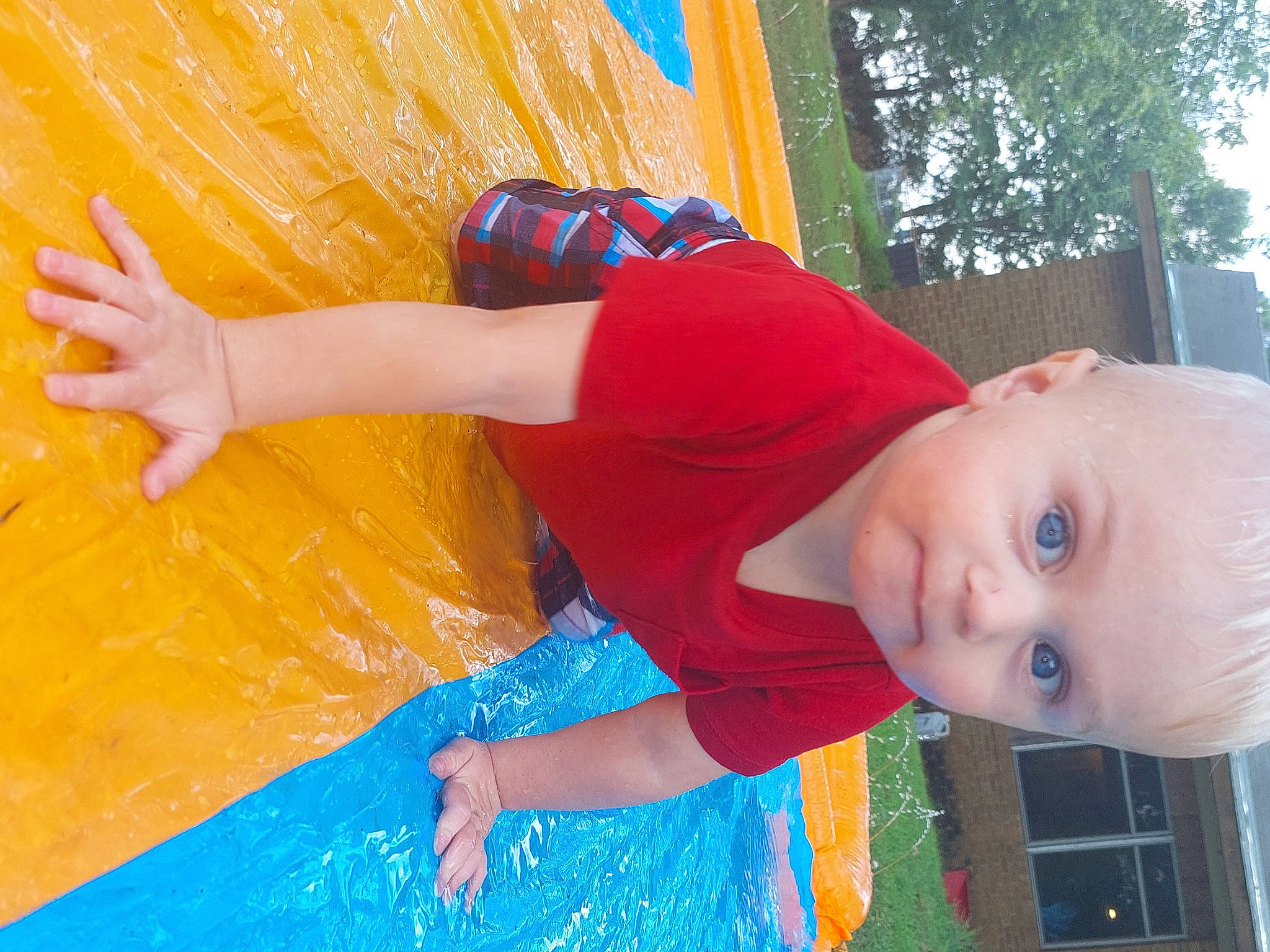 Nicklaus is registered to the contest to win money with this photo: baby_toddler_clothing, blue, child, chute, electric_blue, fun, grass, happy, leisure, outdoor_play_equipment, paint, person, play, recreation, red, shorts, smile, t_shirt, toddler, tree