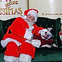 santa_claus, dog, white_dog, red_suit, christmas, holiday, green_couch, plush_couch, festive, thumbs_up, tongue_out, happy_dog, smiling, indoor, wall_text, glasses, beard, boots, pet, celebration