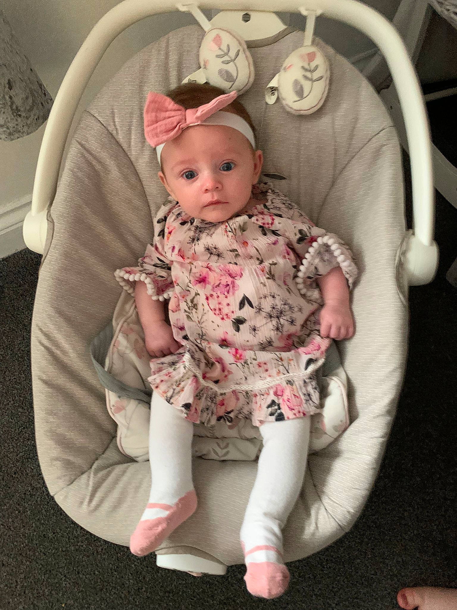 Darcie joined the competition — help win amazing prizes! baby, baby_products, baby_toddler_clothing, car_seat, child, comfort, fashion_accessory, headwear, linens, pattern, person, personal_protective_equipment, room, sitting, sleeve, sock, steering_wheel, toddler