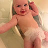baby, bath, foam, bubbles, water, child, tub, skin, cute, smiling, happy, playful, infant, head, face, hand, arm, leg, bubble_crown, relaxation