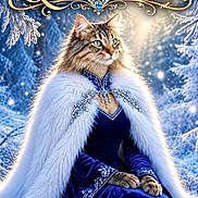 Olivia is registered to the contest to win money with this photo: cat, long_haired_cat, fluffy, feline, royal, queen, crown, costume, blue_dress, white_cape, jewelry, ornate, snow, winter, forest, snowy_trees, fantasy, portrait, ai_art, text_overlay