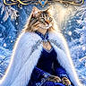 cat, long_haired_cat, fluffy, feline, royal, queen, crown, costume, blue_dress, white_cape, jewelry, ornate, snow, winter, forest, snowy_trees, fantasy, portrait, ai_art, text_overlay