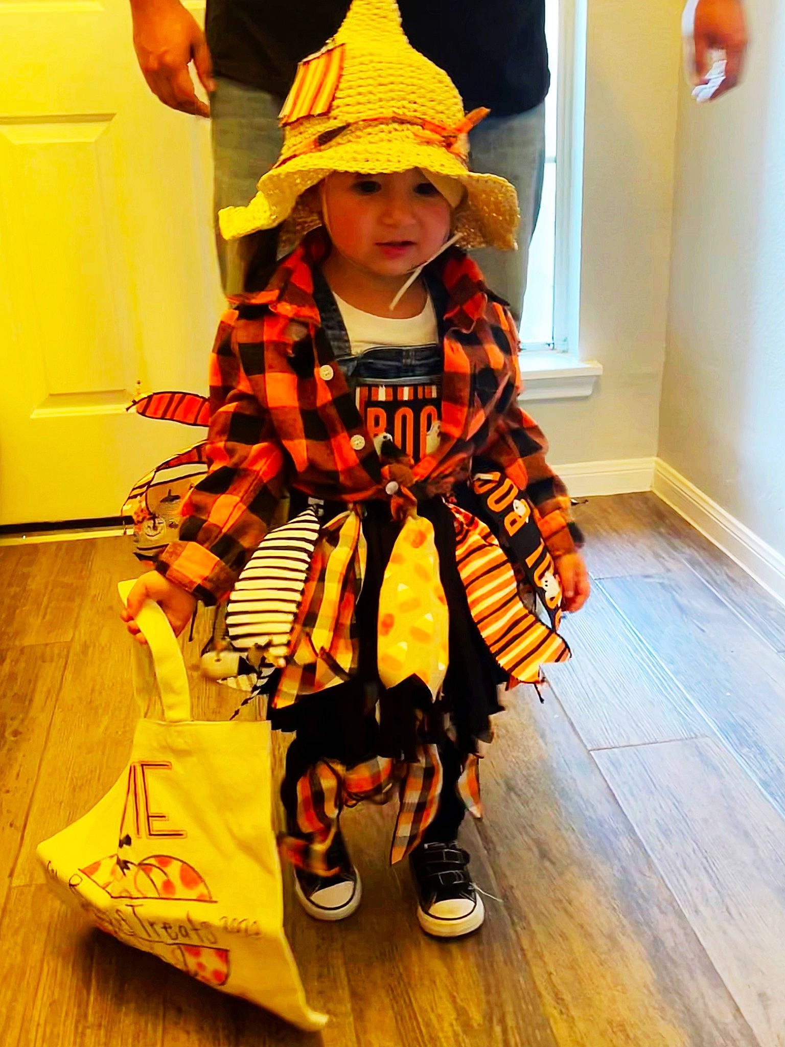 Avie is registered to the contest to win money with this photo: baby, baby_toddler_clothing, bag, child, costume, costume_hat, fashion_accessory, flooring, hardwood, hat, headwear, houseplant, orange, pattern, person, personal_protective_equipment, sun_hat, toddler, trick_or_treat, wood