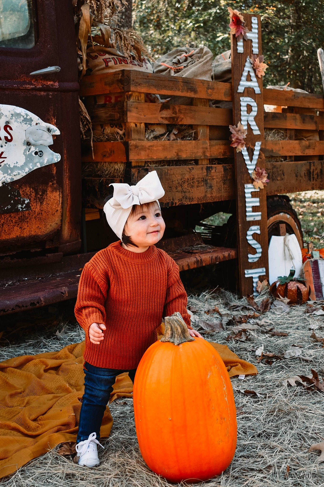 Avie is registered to the contest to win money with this photo: calabaza, child, cucurbita, fun, gourd, hat, headwear, joy, leaf, leisure, local_food, natural_foods, nature, orange, person, plant, pumpkin, squash, toddler, vegetable