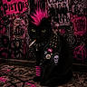attitude, black_cat, cat, cigarette, floor, graffiti, leather_jacket, mohawk, pink, posters, punk, punk_bands, punk_rock, rebellion, spiked_collar, street_art, studs, urban, wall, yellow_eyes