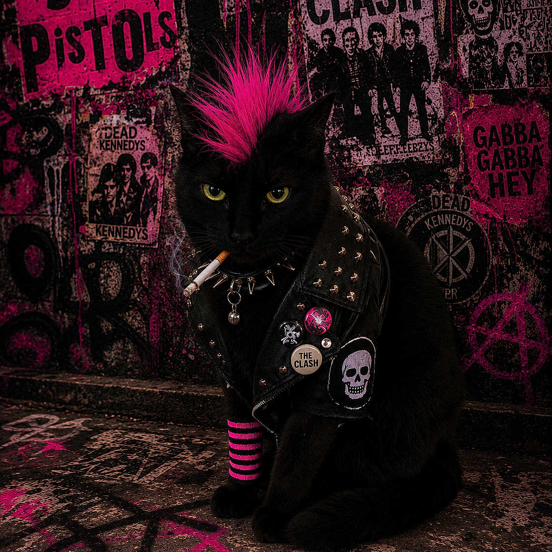 Lucky Doodle is registered to the contest to win money with this photo: attitude, black_cat, cat, cigarette, floor, graffiti, leather_jacket, mohawk, pink, posters, punk, punk_bands, punk_rock, rebellion, spiked_collar, street_art, studs, urban, wall, yellow_eyes