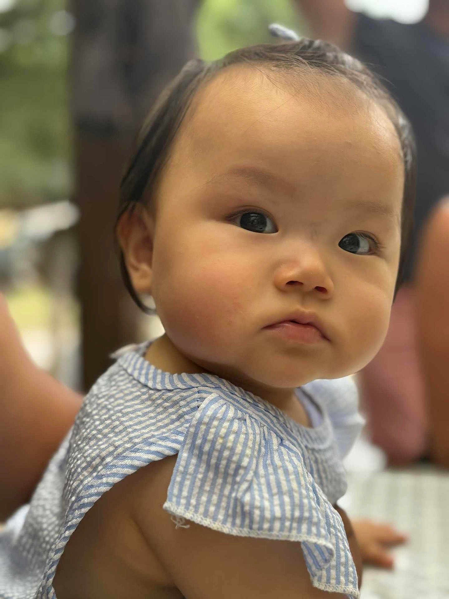Lynna a rejoint le concours — aidez-le/la à gagner de superbes lots ! baby, child, portrait, face, expression, curious, blue_striped_clothing, closeup, skin, young_child, serious, cute, infant, soft_focus, outdoor, person, head, eyes, shoulder, natural_light