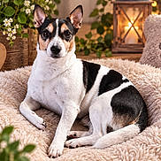 Luky participe au concours pour gagner de l'argent avec cette photo : dog, pet, black_and_white, short_hair, pointed_ears, sitting, lying_down, portrait, indoors, cozy, fluffy_blanket, cream_bedding, flowers, lantern, warm_lighting, paw_print, home_decor, alert, cute, photography