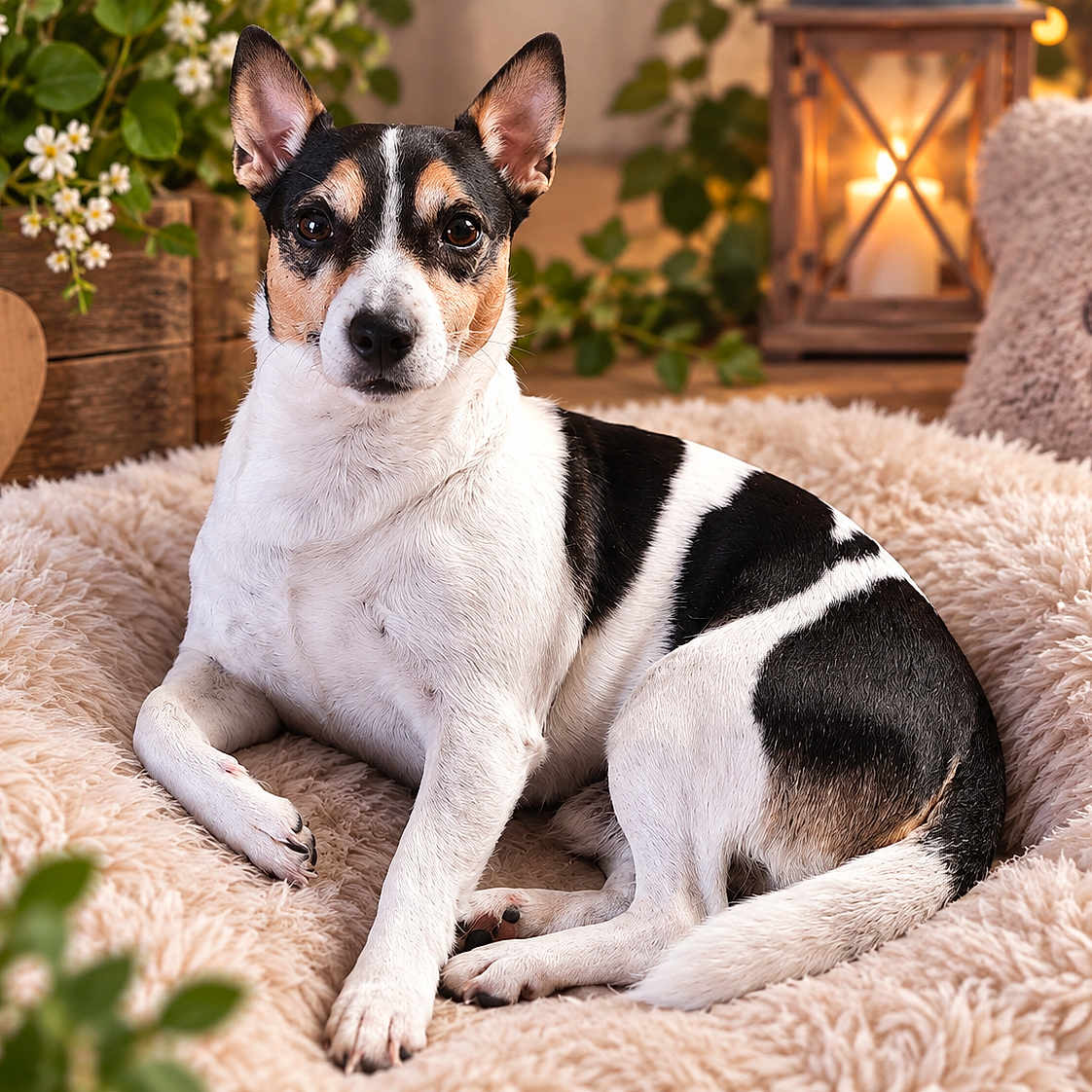 Luky participe au concours pour gagner de l'argent avec cette photo : dog, pet, black_and_white, short_hair, pointed_ears, sitting, lying_down, portrait, indoors, cozy, fluffy_blanket, cream_bedding, flowers, lantern, warm_lighting, paw_print, home_decor, alert, cute, photography