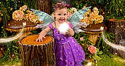 Caroline is registered to the contest to win money with this photo: child, toddler, fairy_wings, purple_dress, glowing_orb, tree_stump, flowers, greenery, sparkles, fantasy, magic, nature, portrait, smiling, costume, fantastical, playful, cute, outdoor_scene, enchantment