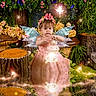 child, fairy, wings, lantern, flower_crown, dress, mushrooms, forest, flowers, magic, fantasy, glowing, nature, greenery, twinkling_lights, fantastical, young_child, portrait, costume, whimsical