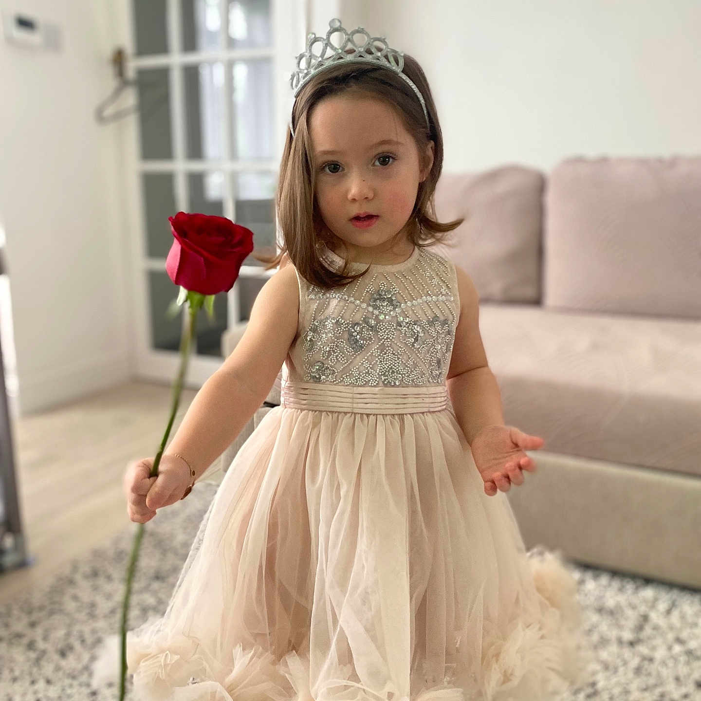 Diora joined the competition — help win amazing prizes! carpet, child, cute, decor, dress, fashion, flower, girl, happy, home, indoor, living_room, person, portrait, princess, rose, smiling, sofa, tiara, young