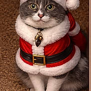 Sunshine is registered to the contest to win money with this photo: animal, bell, carpet, cat, christmas, collar, costume, cute, feline, festive, gray_fur, green_eyes, holiday, indoor, pet, pet_fashion, portrait, santa_costume, santa_hat, white_paws